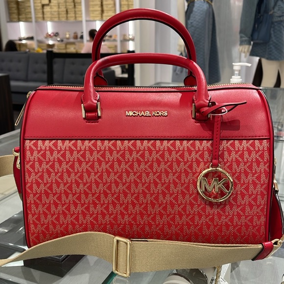 Michael Kors MK Jet Set Travel Medium Duffle Bag Satchel Bright Red MK Signature - Picture 1 of 16
